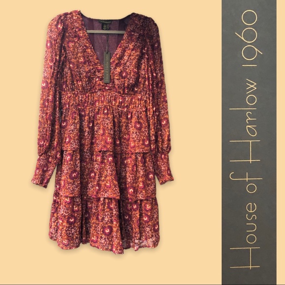 🌺 Hibiscus Floral Puff Sleeve Dress Peplum Bottom Sz 8 House Of Harlow 1960 - Picture 1 of 13